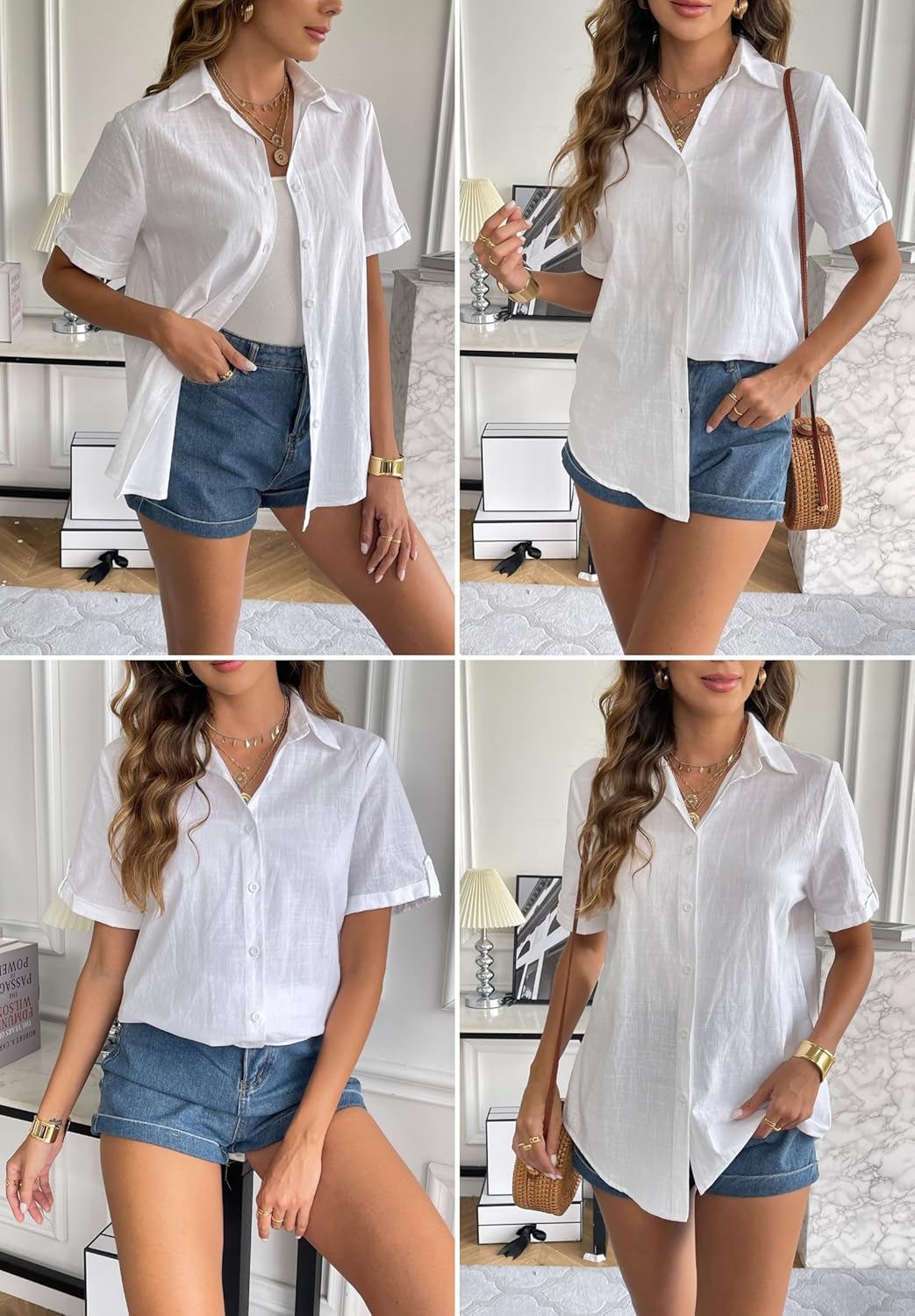 Women Linen Button Down Shirt Rolled Cuffed Short Sleeve Blouse Ladies Summer Casual V Neck Beach Cotton Tops